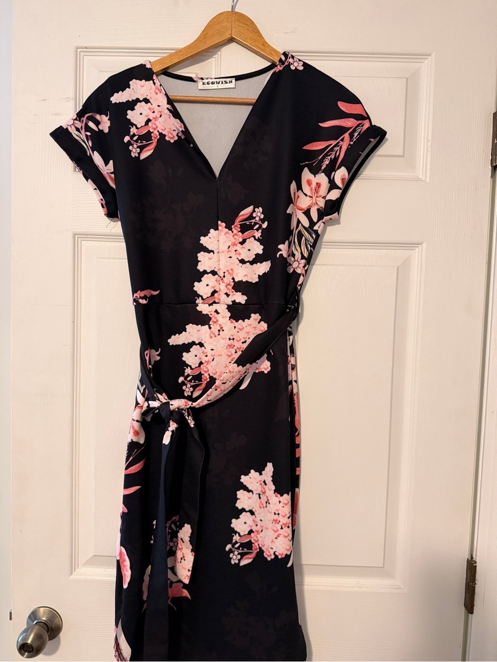 Wish Black Midi Wrap Dress with Pink Floral Print